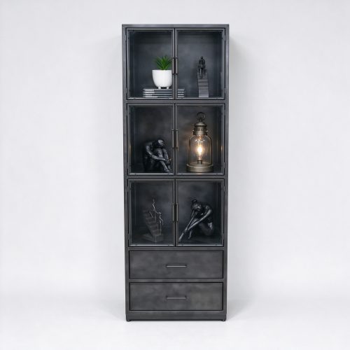 Black metal display cabinet with glass doors left 45 degree view