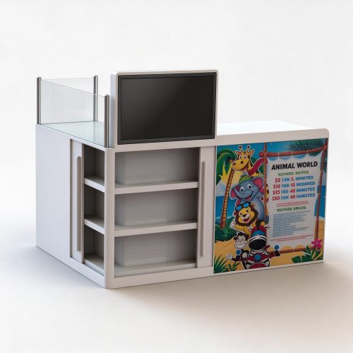 White retail cashier checkout counter with monitor stand and open display shelves - left 45 view