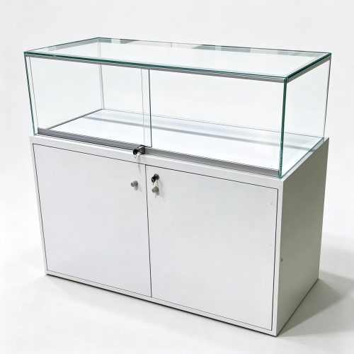 White glass display counter showcase left 45 degree view