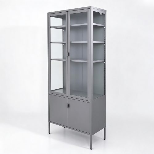 Gray powder-coated metal display cabinet left 45 degree view