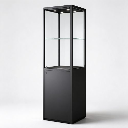 Black powder-coated museum display pedestal left 45 degree view