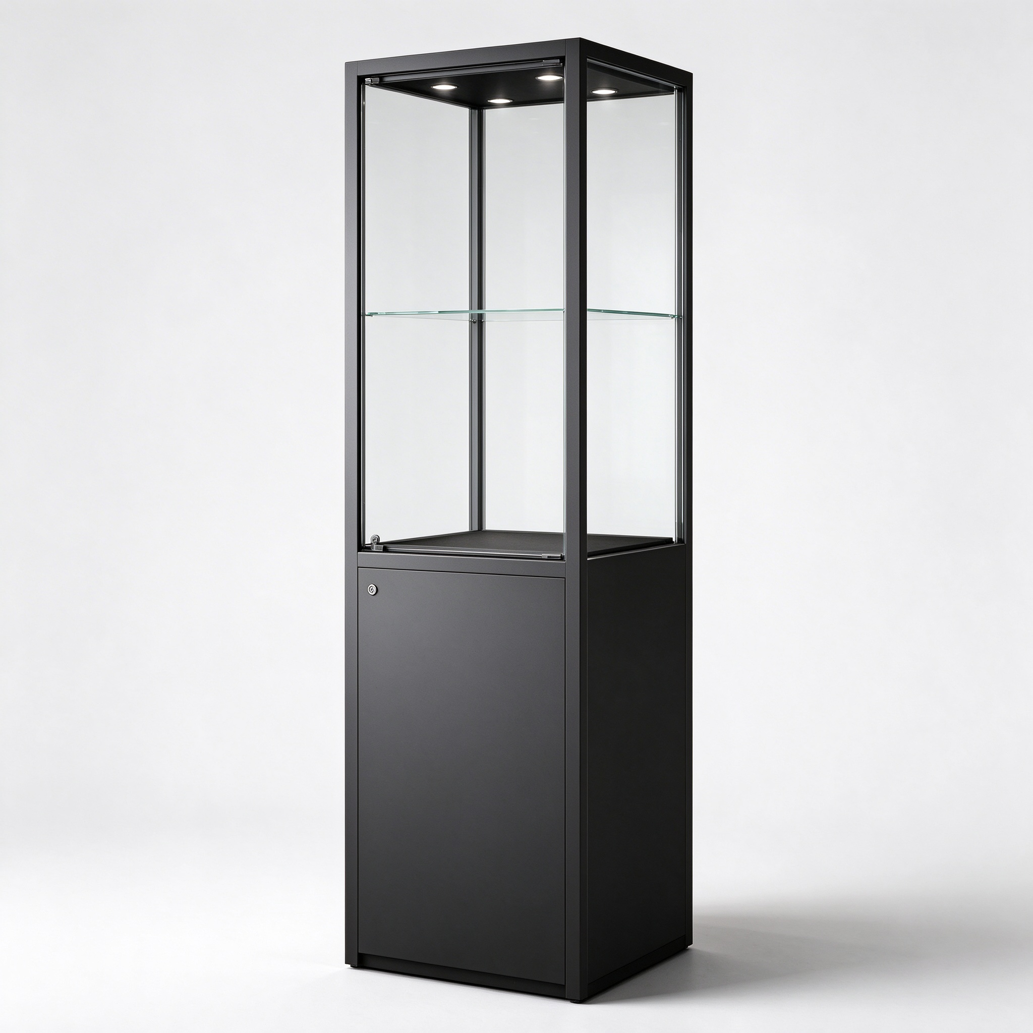 Black powder-coated museum display pedestal left 45 degree view