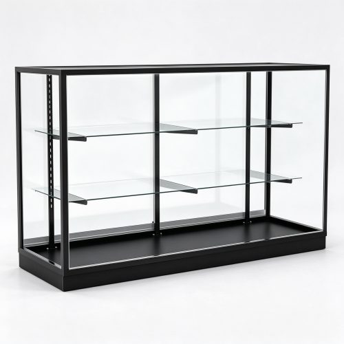 Black metal frame landscape glass display cabinet left 45 degree view