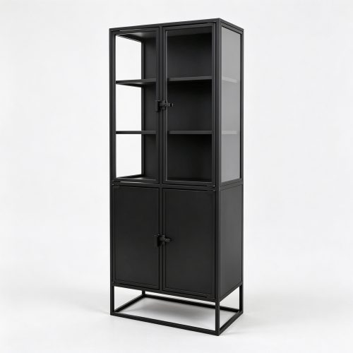 Black powder-coated industrial metal display cabinet left 45 degree view