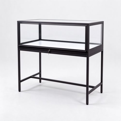 Black powder-coated glass display counter on stand left 45 degree view