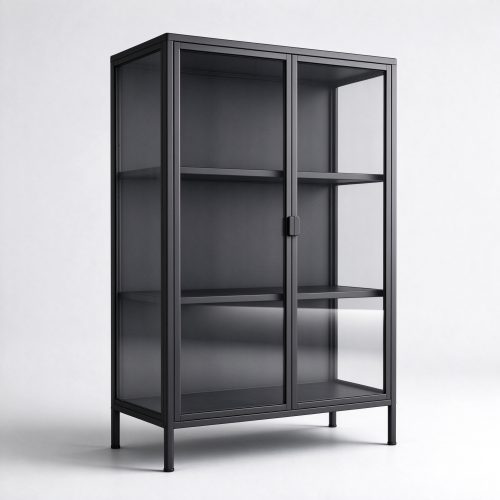 Two-door black steel glass display cabinet left 45 degree view