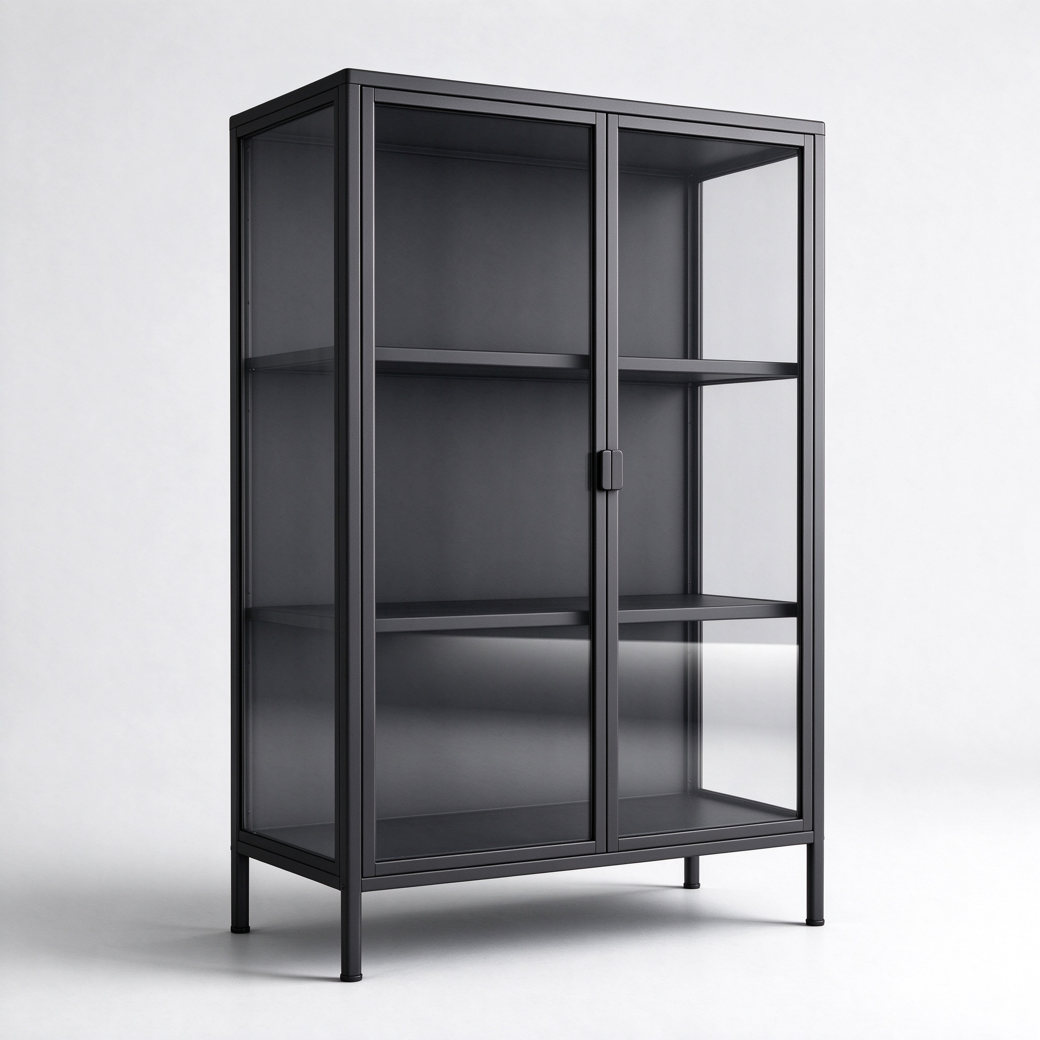 Two-door black steel glass display cabinet left 45 degree view
