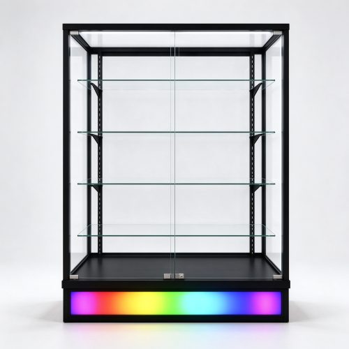 Black full vision glass display cabinet front view with RGB LED