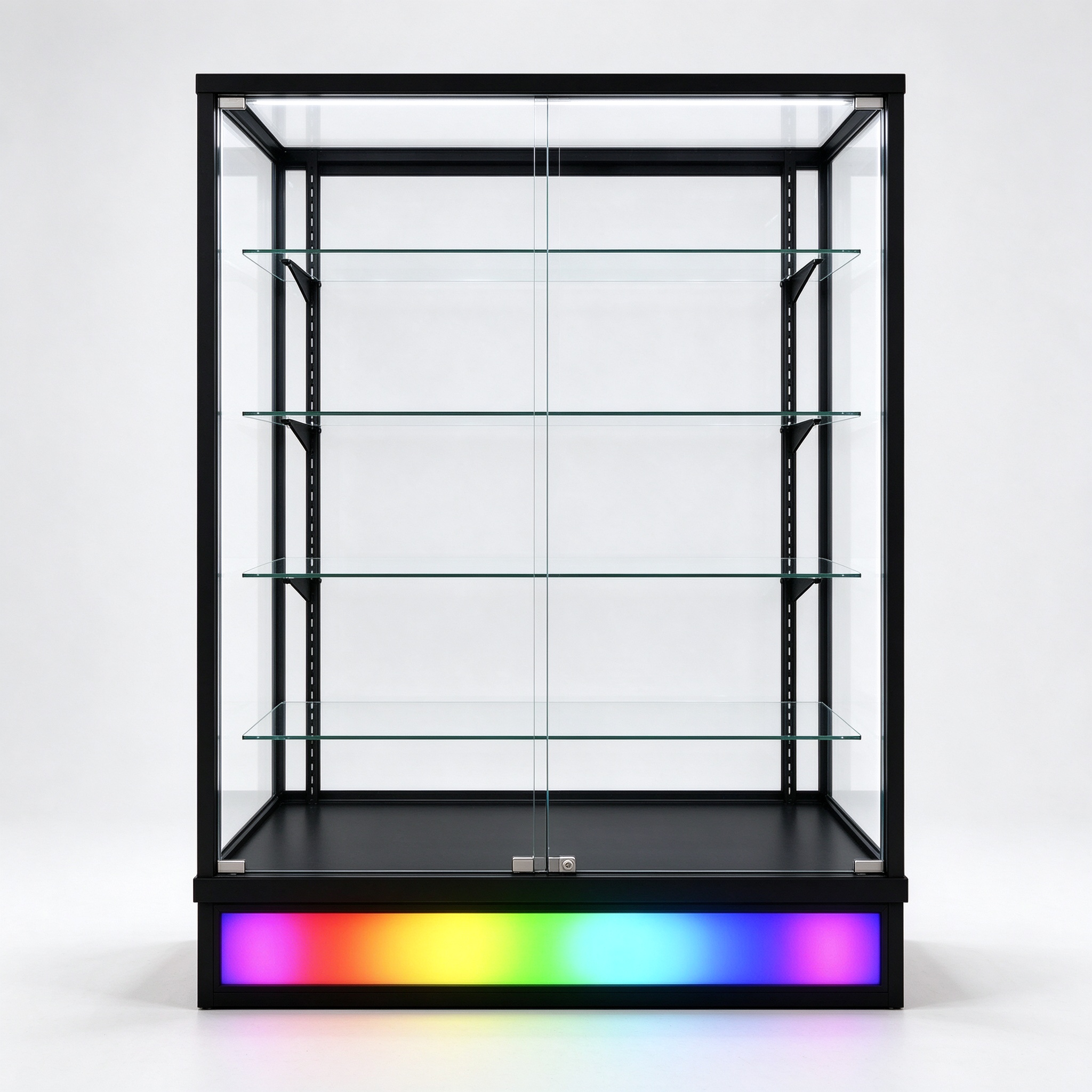Black full vision glass display cabinet front view with RGB LED