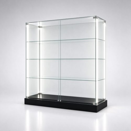 Full vision frameless glass display cabinet left 45 degree view
