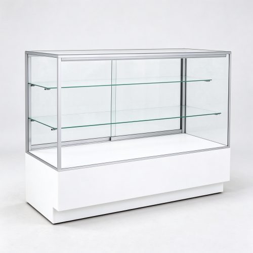 70 inch white lacquer full vision glass counter left 45 degree view