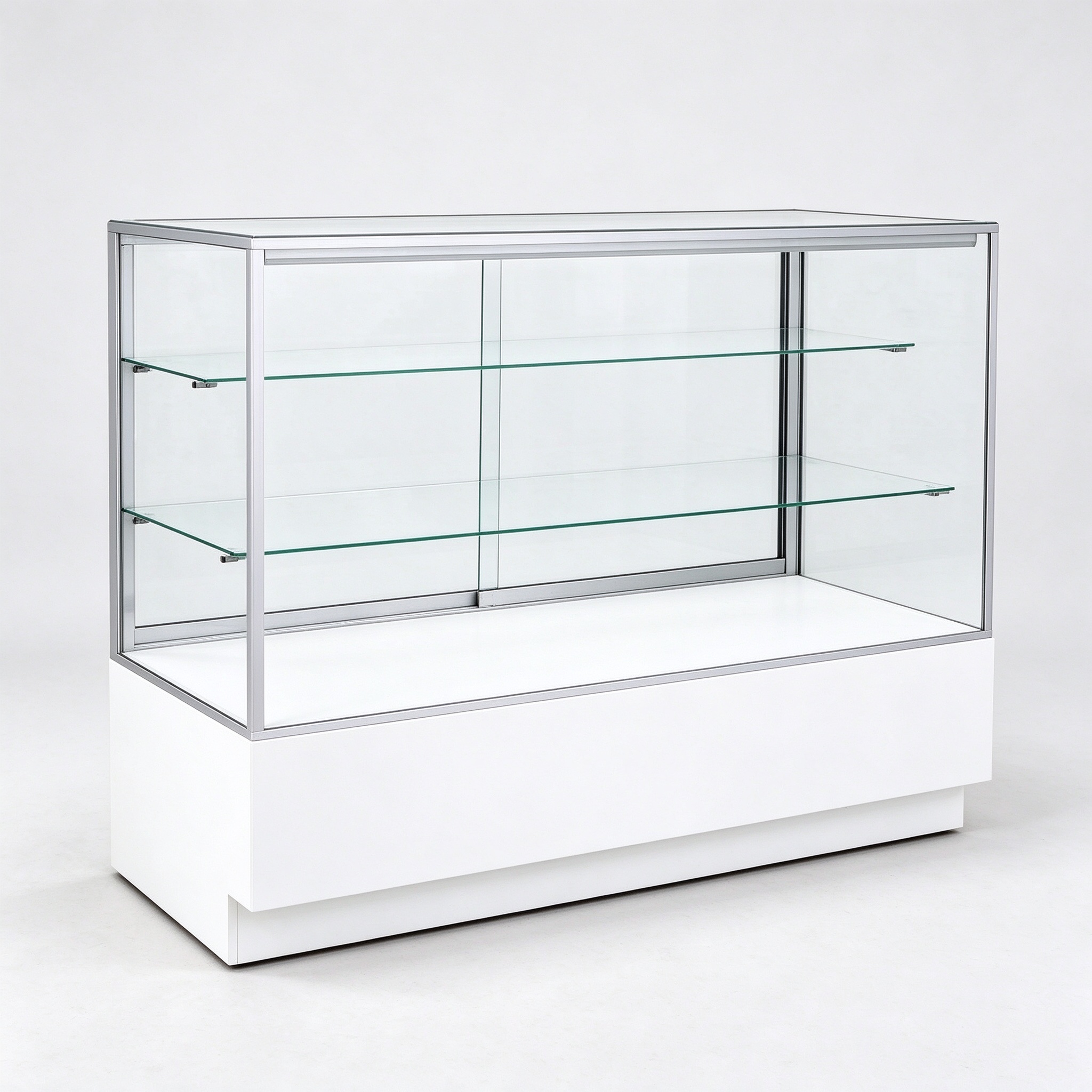 70 inch white lacquer full vision glass counter left 45 degree view