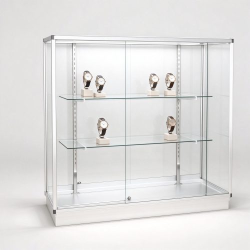 Full vision glass display case with silver frame left 45 degree view