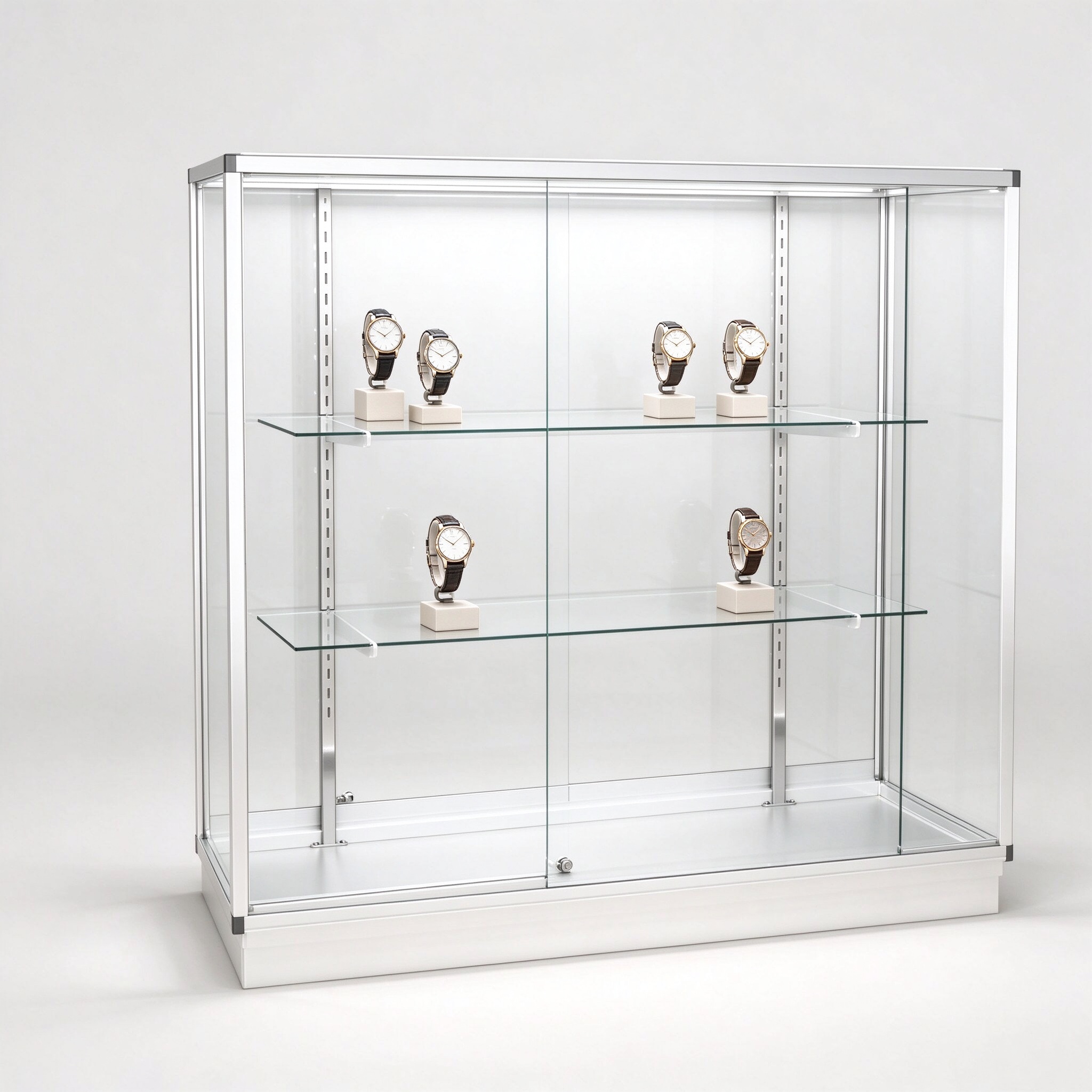 Full vision glass display case with silver frame left 45 degree view