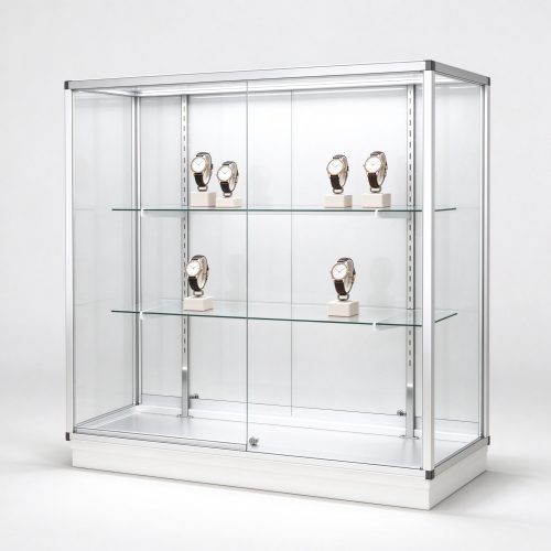 Full vision glass display case with silver frame right 45 degree view