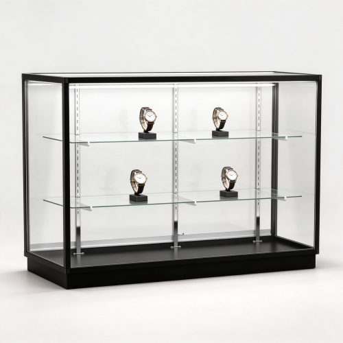 70 inch full vision glass display case with black frame left 45 degree view