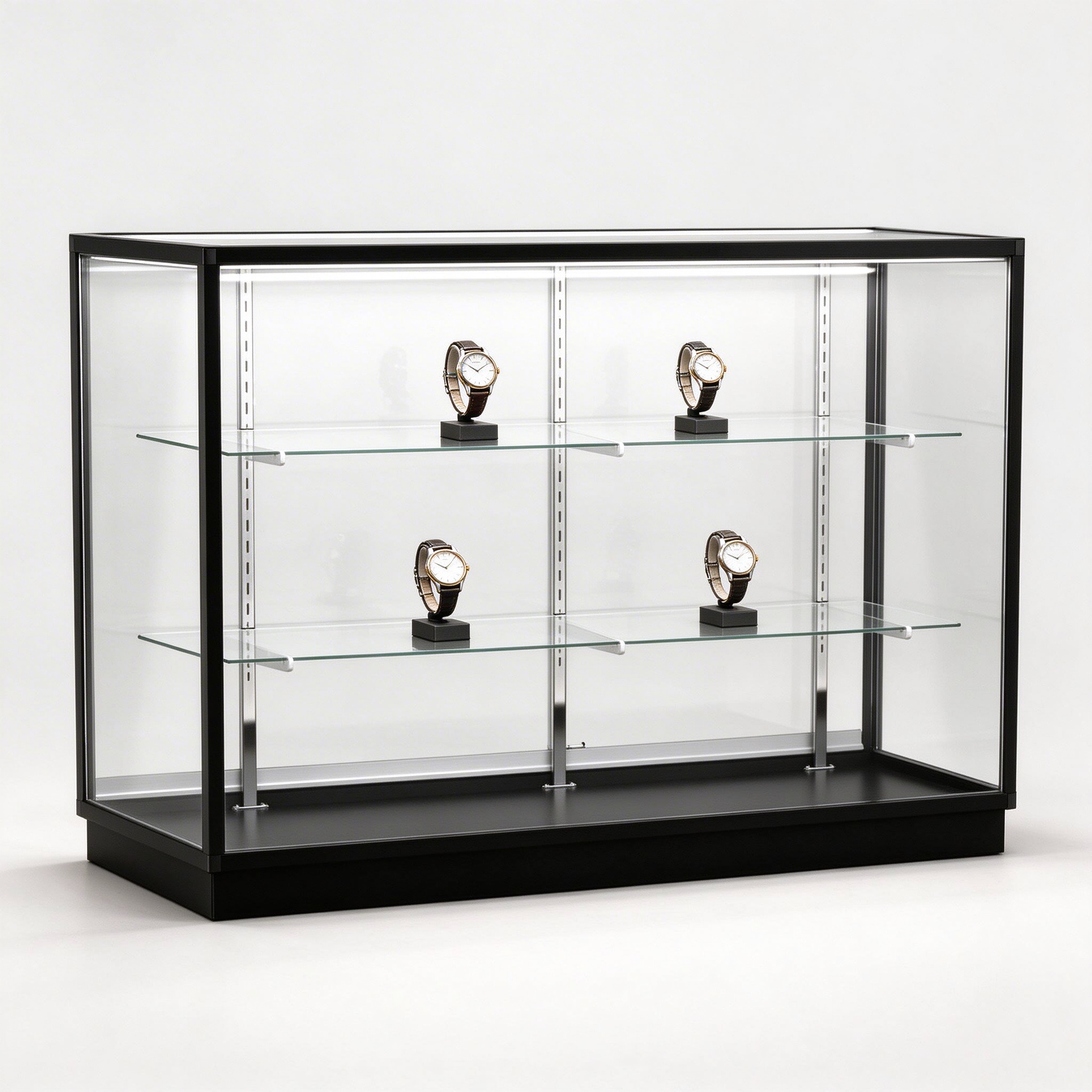 70 inch full vision glass display case with black frame left 45 degree view