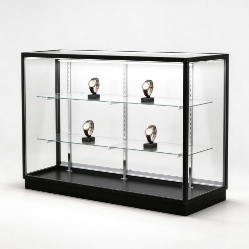 70 inch full vision glass display case with black frame right 45 degree view