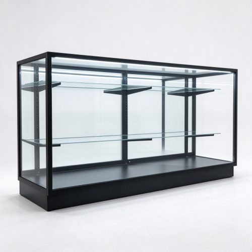 70 inch black full vision display case with top LED left 45 degree view
