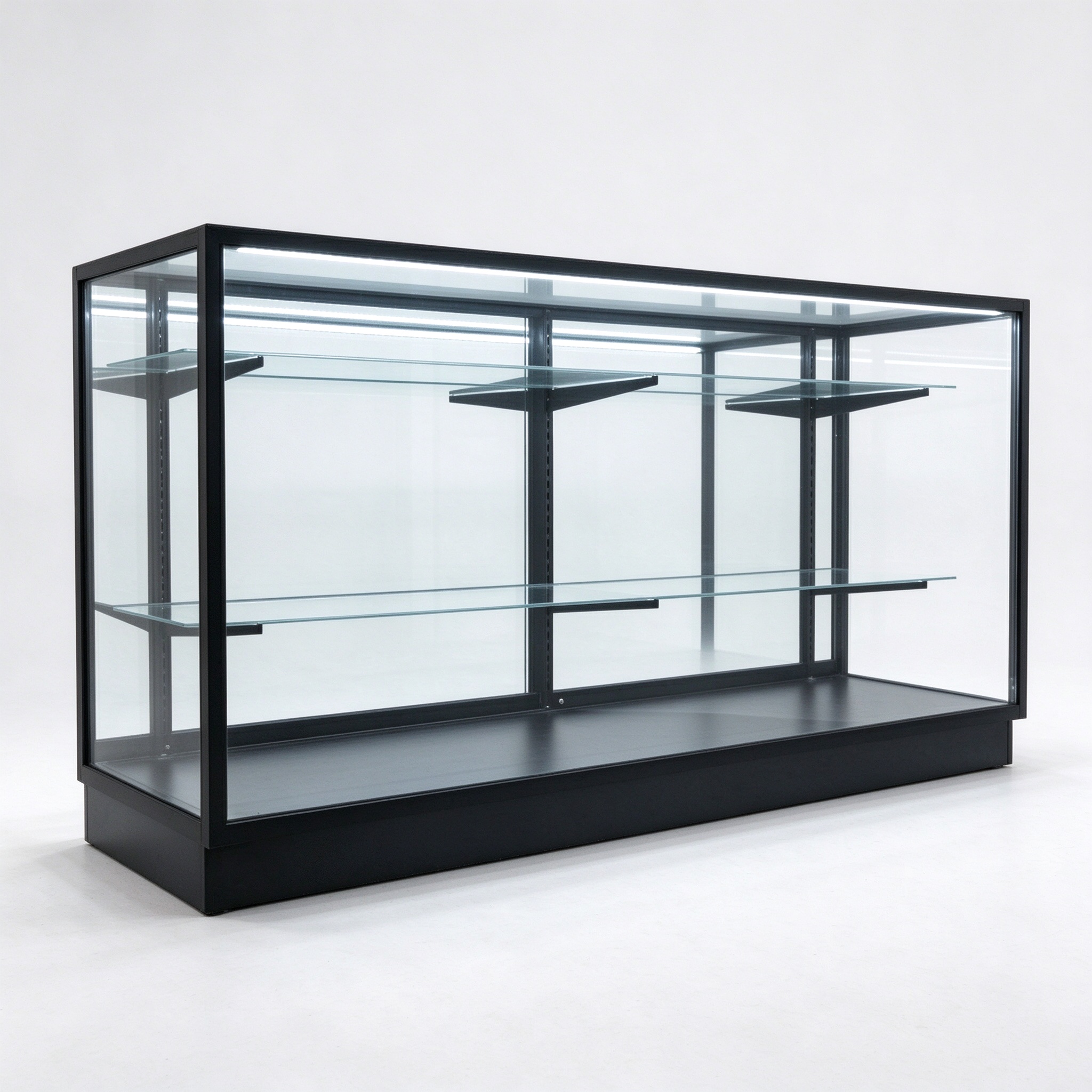 70 inch black full vision display case with top LED left 45 degree view