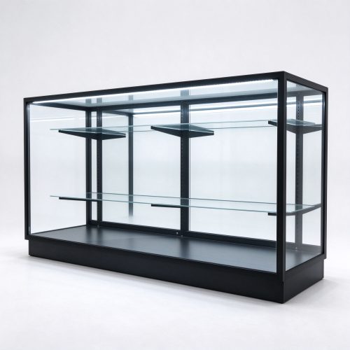 70 inch black full vision display case with top LED right 45 degree view