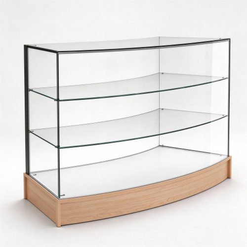 Curved glass display case left 45 degree view