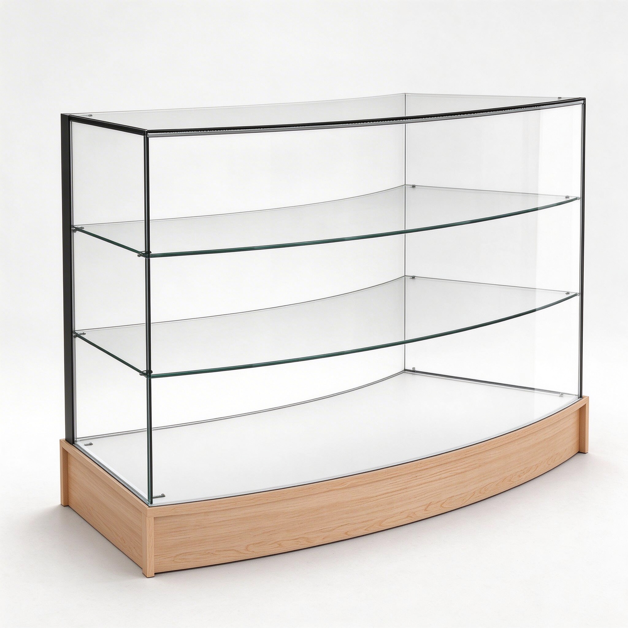 Curved glass display case left 45 degree view