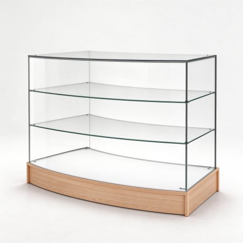Curved glass display case right 45 degree view