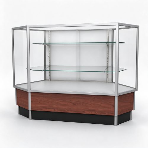 Full vision hexagonal glass display counter left 45 degree view