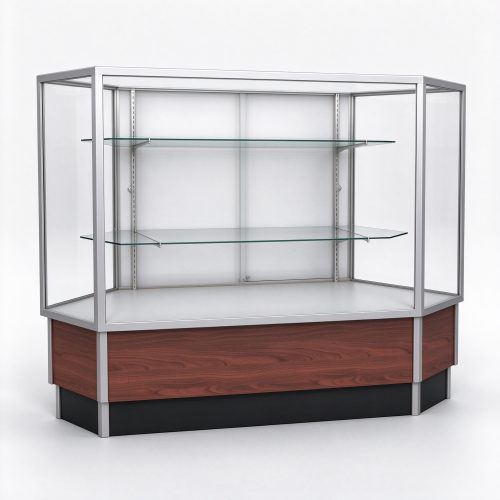 Full vision hexagonal glass display counter right 45 degree view