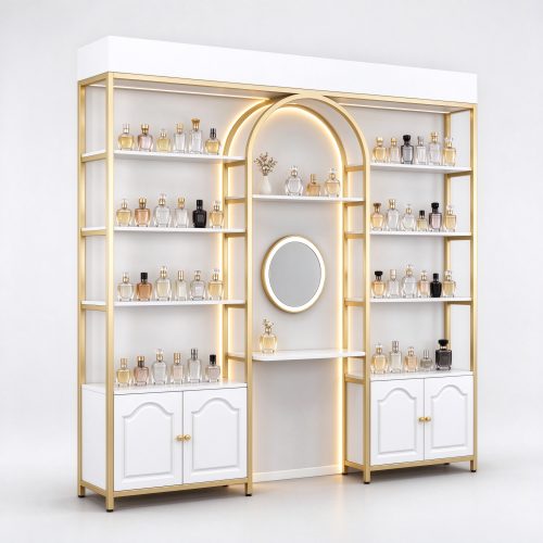 White gold trim arched perfume display rack left 45 degree angle view