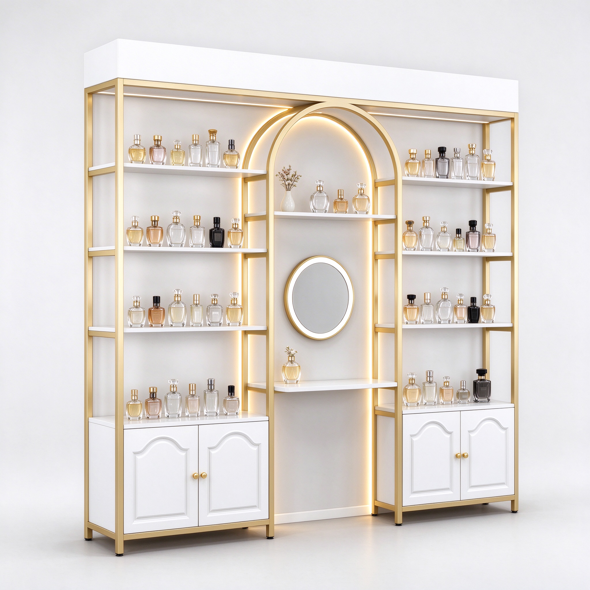 White gold trim arched perfume display rack left 45 degree angle view