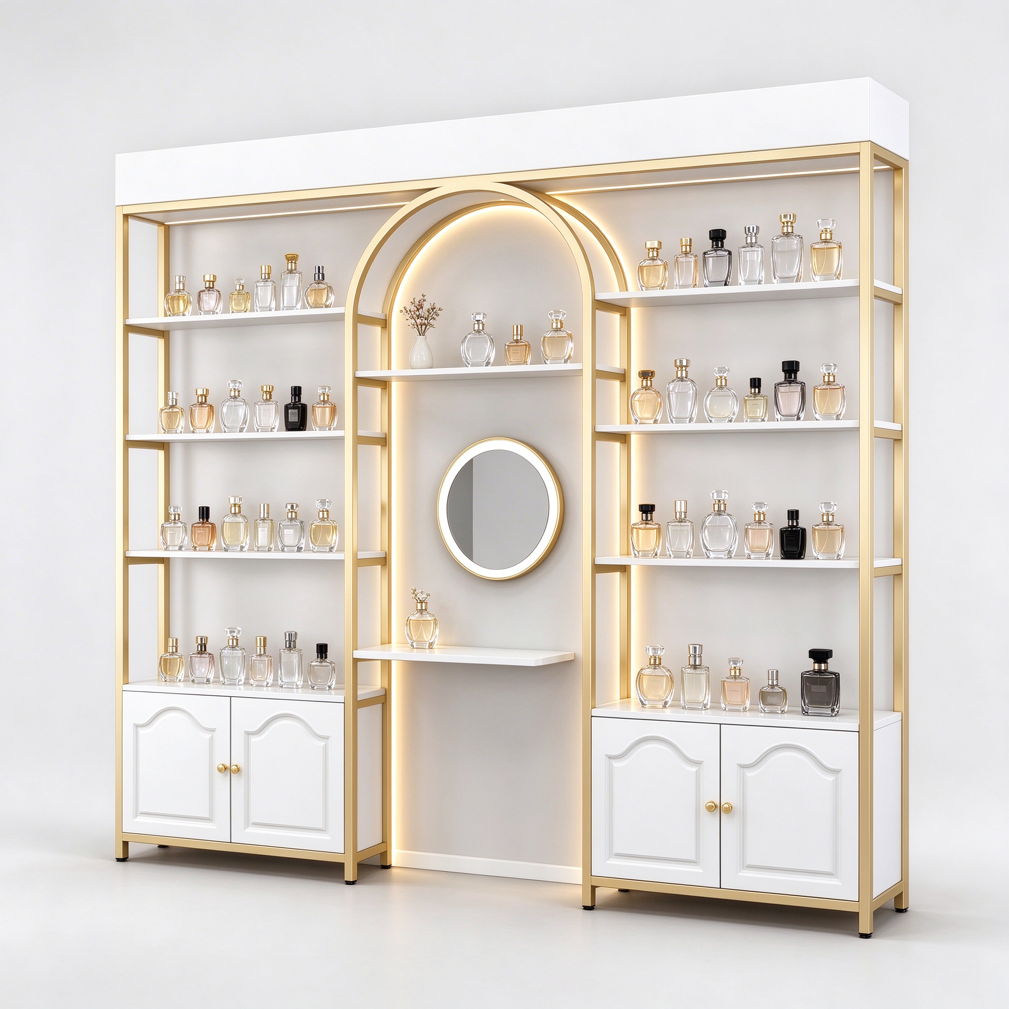 White gold trim arched perfume display rack right 45 degree angle view