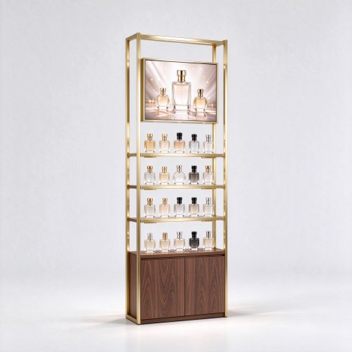 Gold stainless steel perfume display rack with walnut cabinet left 45 degree view