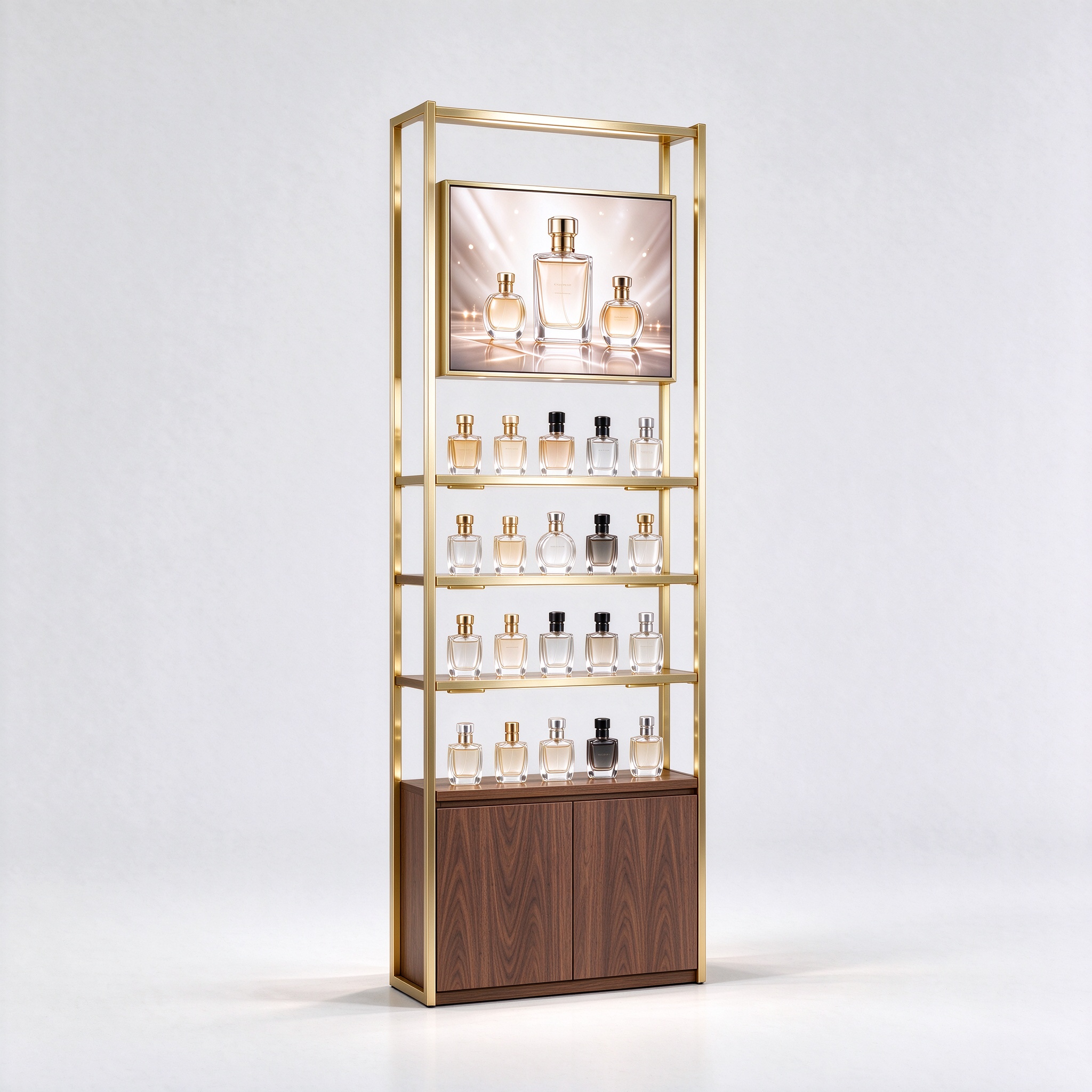 Gold stainless steel perfume display rack with walnut cabinet left 45 degree view