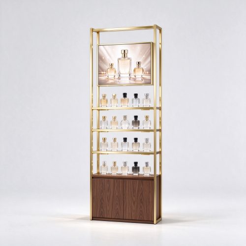 Gold stainless steel perfume display rack with walnut cabinet right 45 degree view