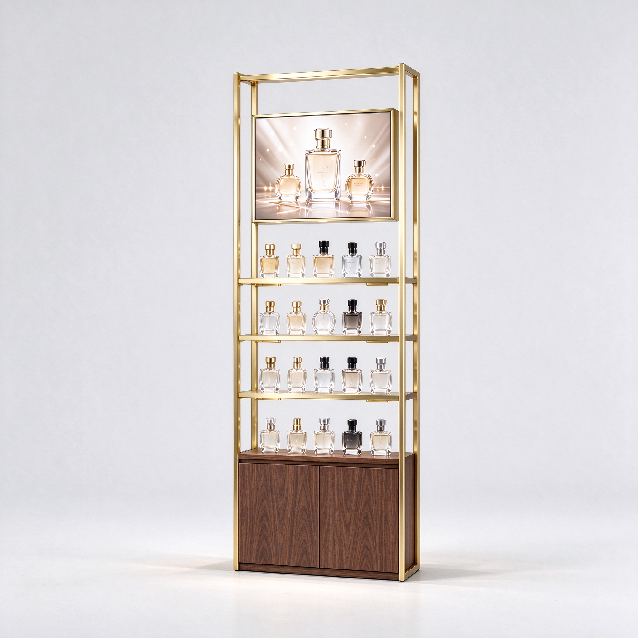Gold stainless steel perfume display rack with walnut cabinet right 45 degree view