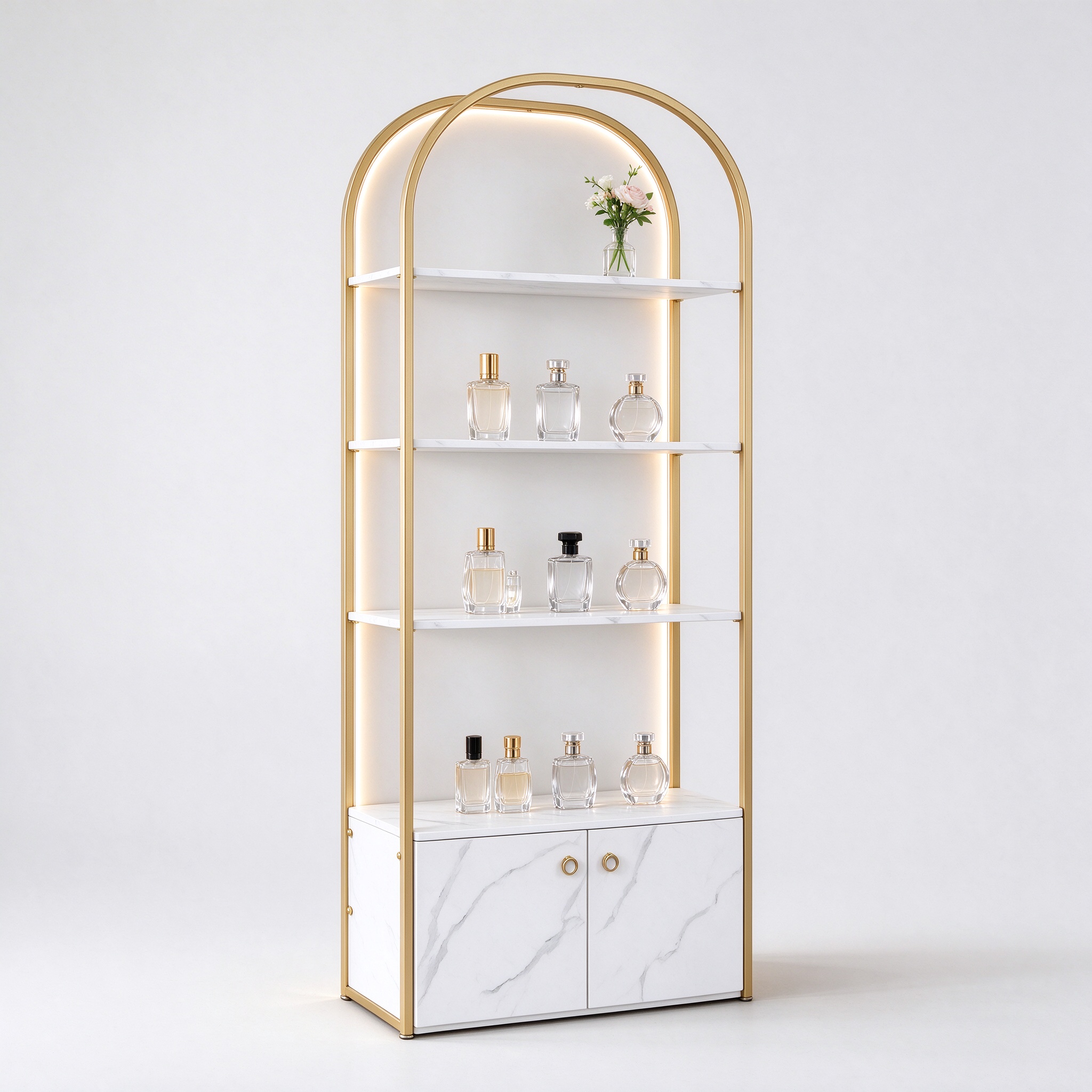 Gold arch metal perfume display rack with white marble cabinet left 45 degree view