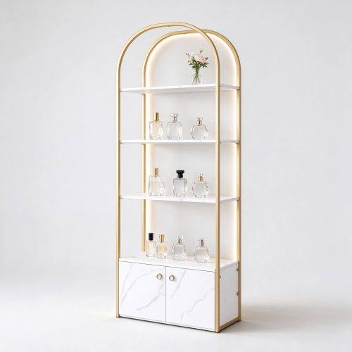 Gold arch metal perfume display rack with white marble cabinet right 45 degree view