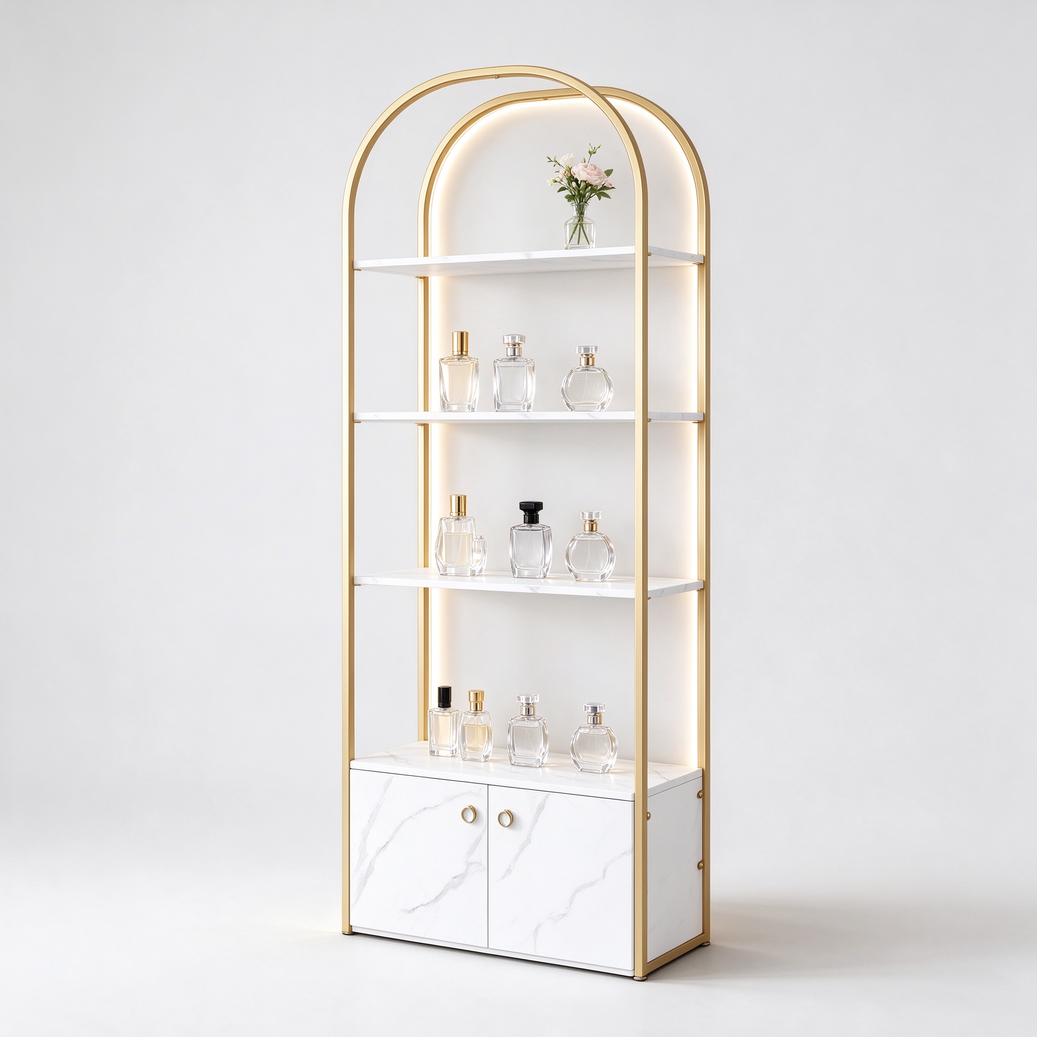 Gold arch metal perfume display rack with white marble cabinet right 45 degree view
