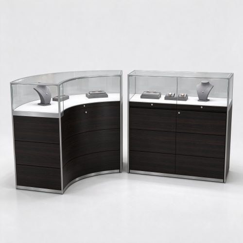 Curved and straight jewelry glass display counters left 45 degree view