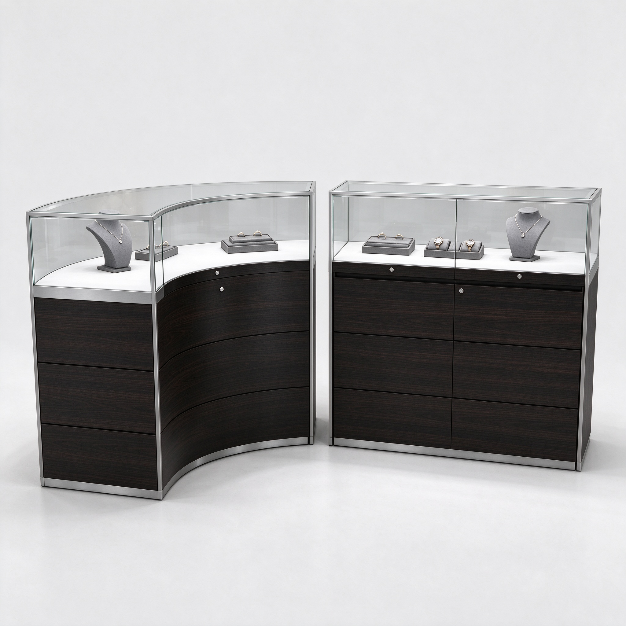 Curved and straight jewelry glass display counters left 45 degree view