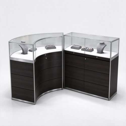 Curved and straight jewelry glass display counters right 45 degree view