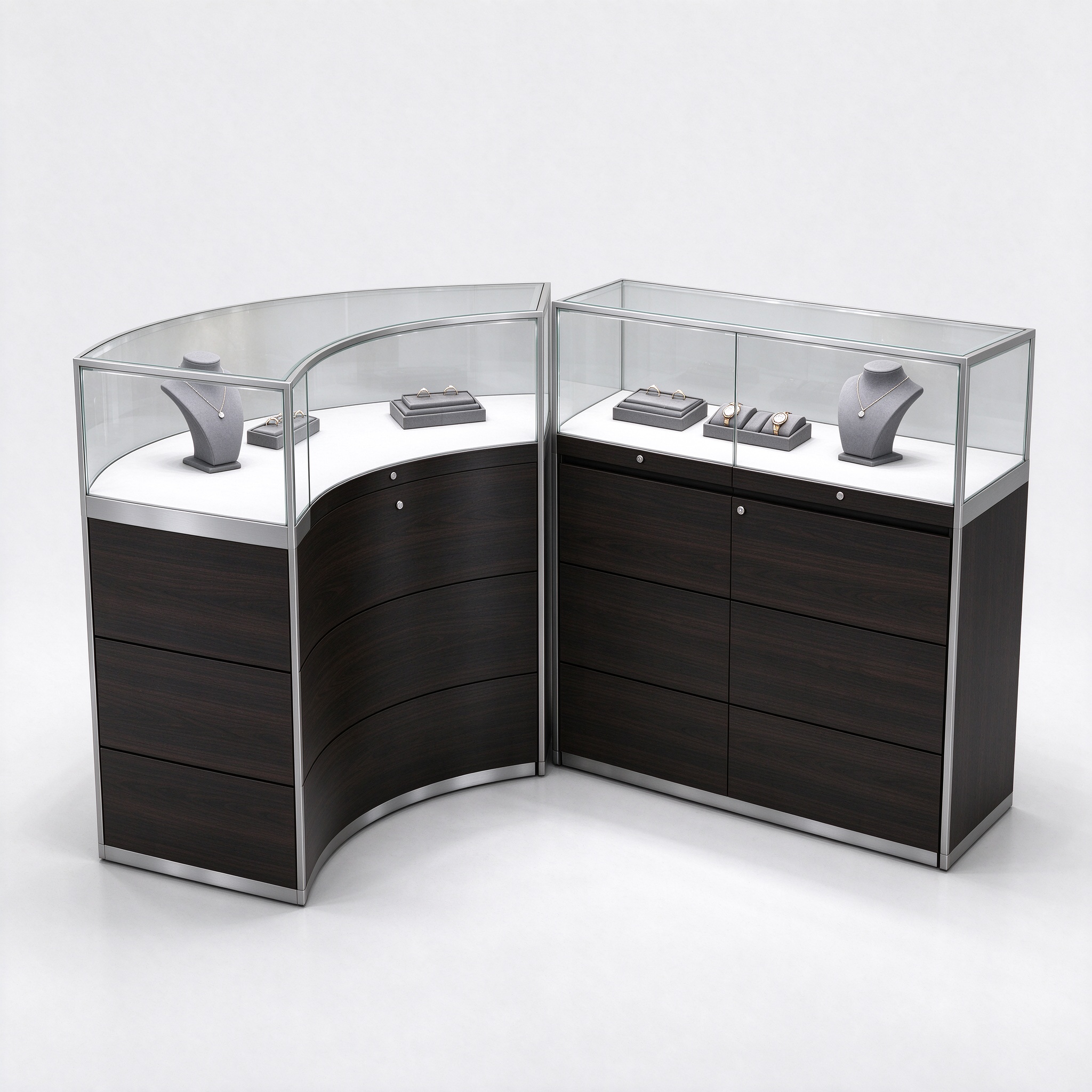 Curved and straight jewelry glass display counters right 45 degree view