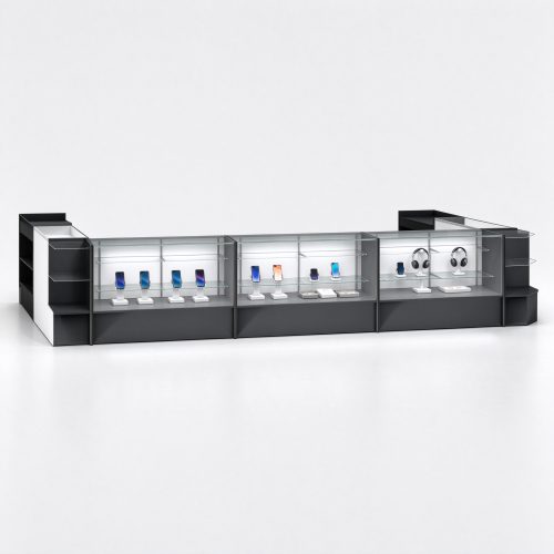 Modular glass shop counter system right 45 degree view