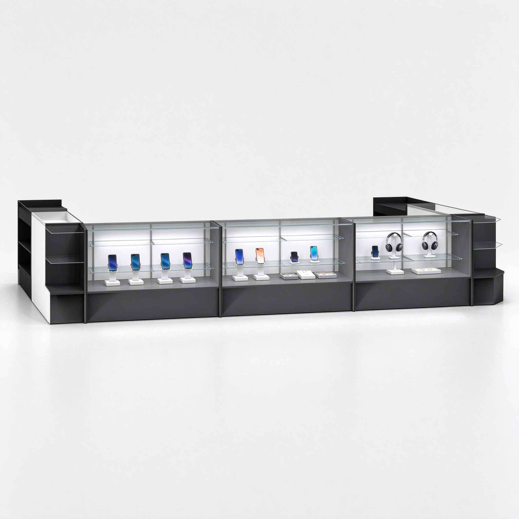 Modular glass shop counter system right 45 degree view