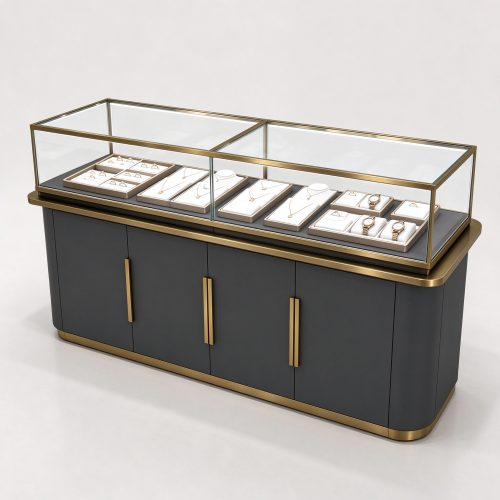 Dark gray gold trim jewelry glass display counter left 45 degree view
