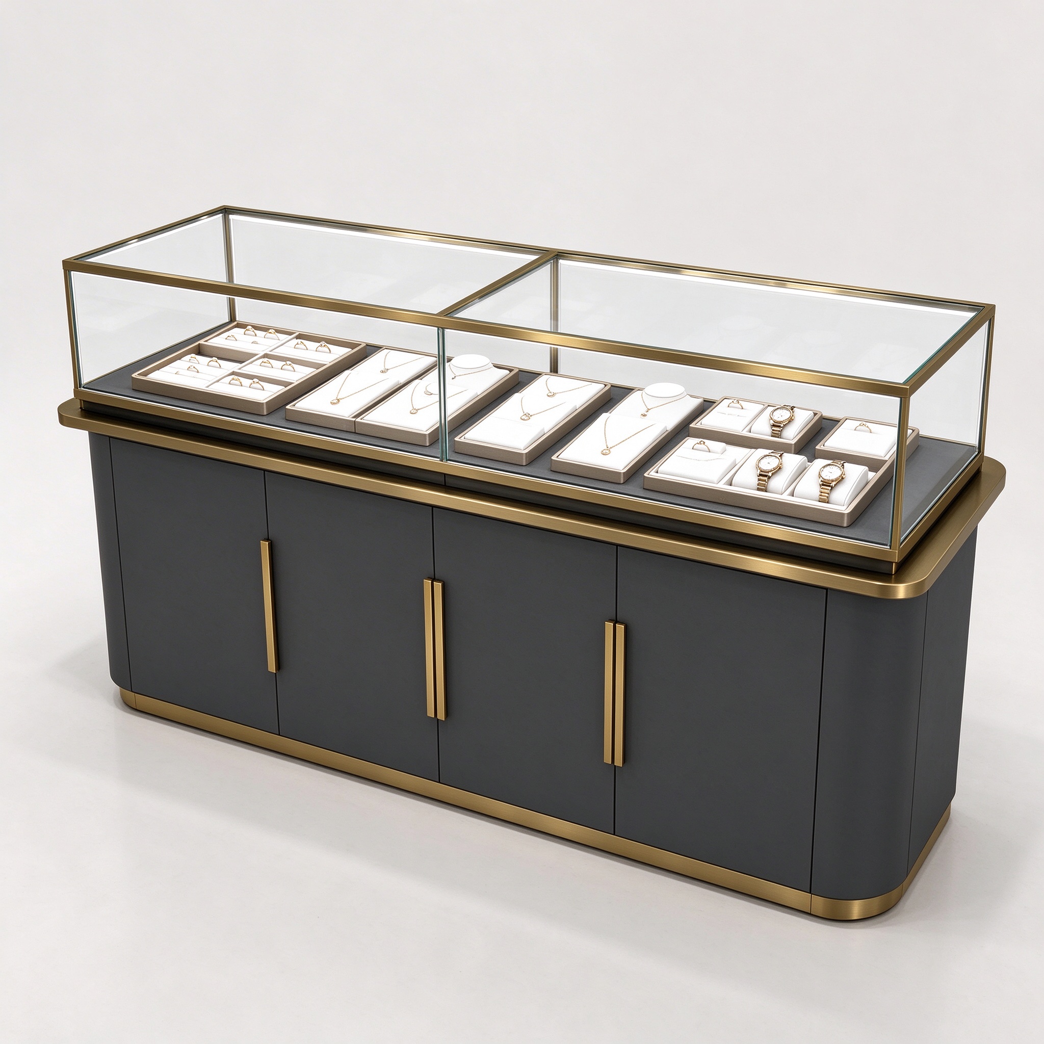 Dark gray gold trim jewelry glass display counter left 45 degree view
