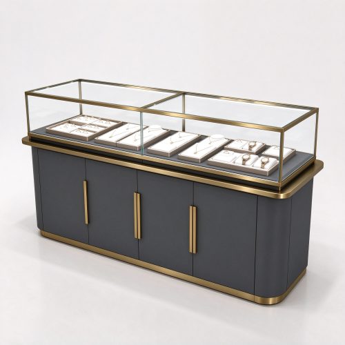 Dark gray gold trim jewelry glass display counter right 45 degree view