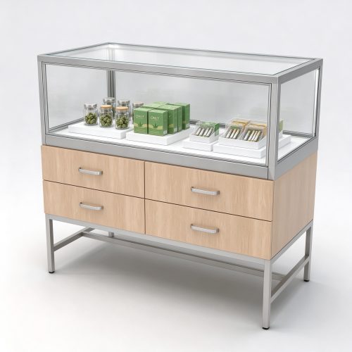 Light oak silver frame cannabis display counter left 45 degree view